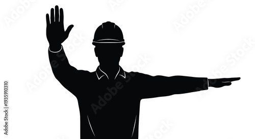 A construction worker wearing a hard hat raises a hand and points depicted as a striking silhouette high quality