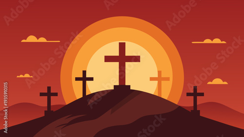 Three crosses on a hilltop at sunset with a vibrant orange and red sky Vector