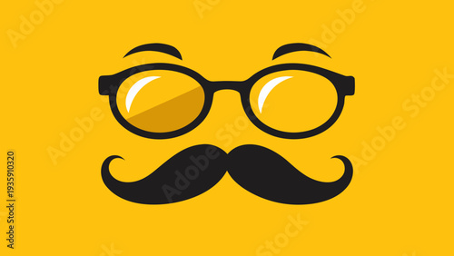 A whimsical illustration of a pair of glasses and a mustache on a yellow background Vector