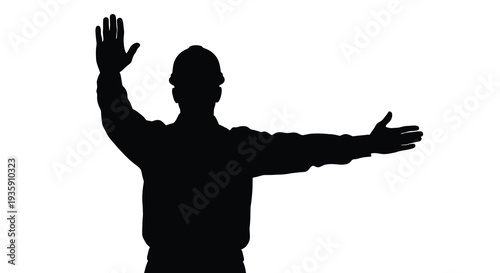 A striking black silhouette depicts a worker with raised arms appearing to direct or signal creating a bold image silhouette