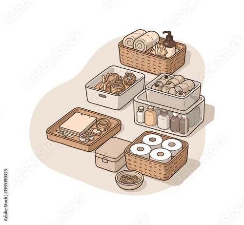 Japandi Storage Elegance. Calm home organization storage concept with containers slightly angled for balance shown from above,