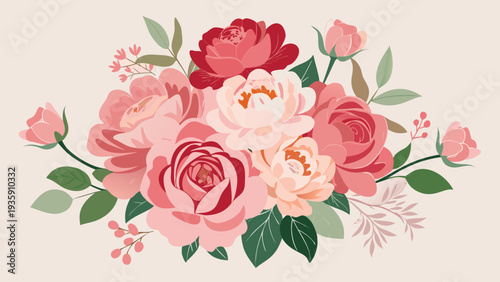 A beautiful bouquet of roses in various shades of pink and red with green leaves Vector