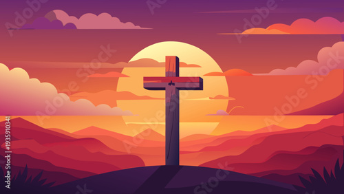 A solitary cross stands tall against a vibrant sunset sky with scattered clouds Vector