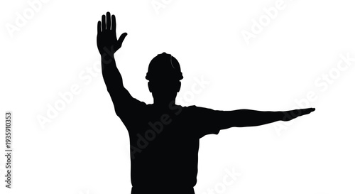 A construction worker in a hard hat is signaling with one hand raised and outstretched a stark silhouette