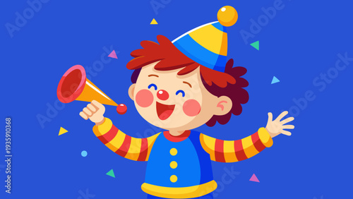 A cheerful clown with a trumpet and party hat celebrating joyfully Vector
