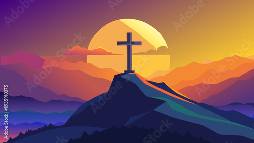A majestic cross stands tall on a mountain peak during a breathtaking sunset over the sea Vector