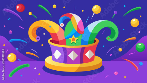 Vector illustration of colorful jester hat with confetti