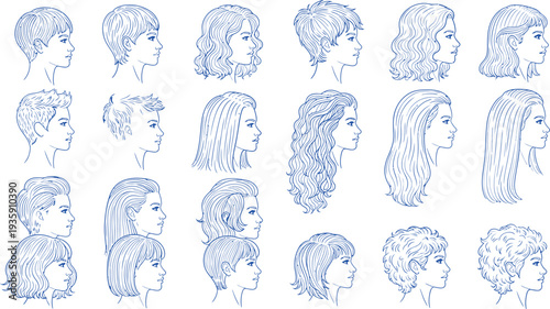 Collection of 15 blurry blue and purple illustrations of people isolated on transparent background