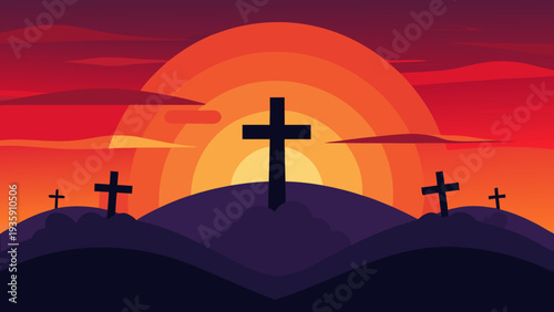 Three crosses silhouetted against a vibrant sunset over rolling hills Vector