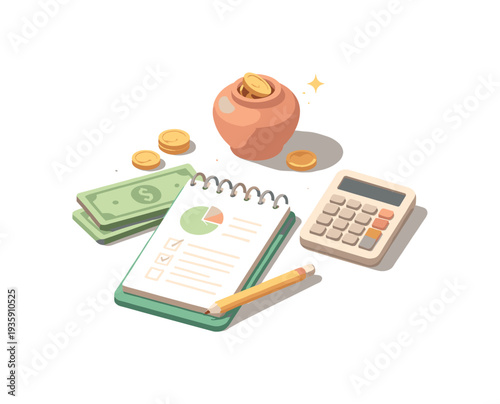 Minimal budgeting and saving scene with sparse financial elements loosely arranged seen from a top-down angle, offset to the left