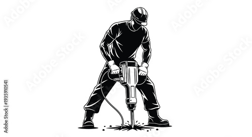 A powerful construction worker operates a jackhammer depicted in a striking black and white silhouette high quality professional detailed