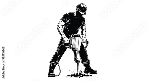 A striking black and white illustration depicts a construction worker powerfully operating a jackhammer presented as a silhouette