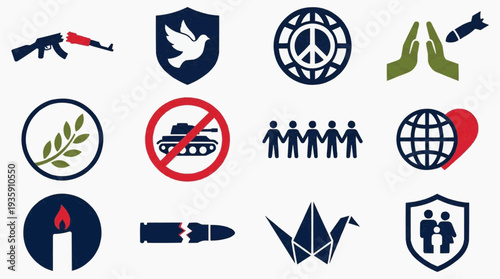 Icon set promoting global peace and unity, featuring symbols to stop war and foster harmony among people worldwide