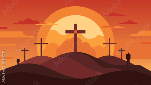 Three crosses on a hill at sunset with a bright orange and yellow sky Vector