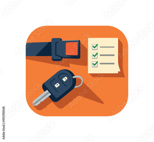 Safe driving essentials concept with simple seatbelt dashboard checklist and car key arranged neatly seen from top-down view,