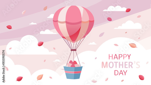 A hot air balloon carrying a gift basket floats above fluffy clouds on mother's day Vector