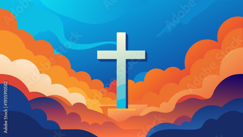 A radiant cross emerges from vibrant orange and blue clouds in a serene sky Vector