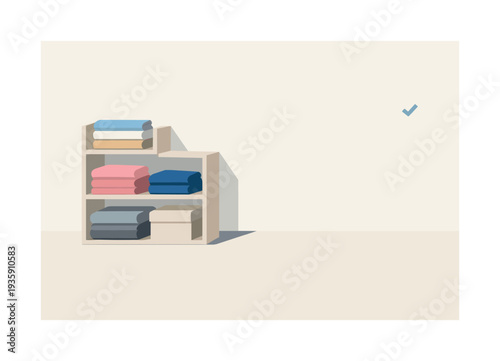 Minimal minimal closet organization concept with folded garments shelf modules and box loosely arranged seen from a slight angle,