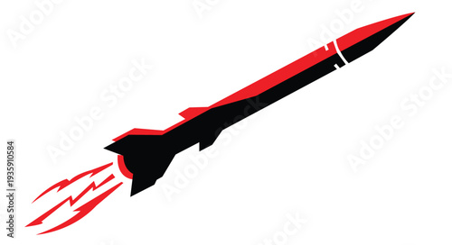 Bold graphic of a powerful missile launching with fiery red propulsion, symbolizing rapid technological progress