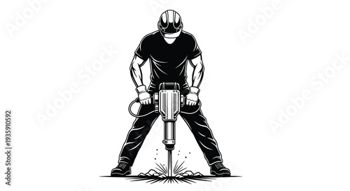 A muscular worker powerfully operates a jackhammer depicted in a striking black and white silhouette high quality professional detailed