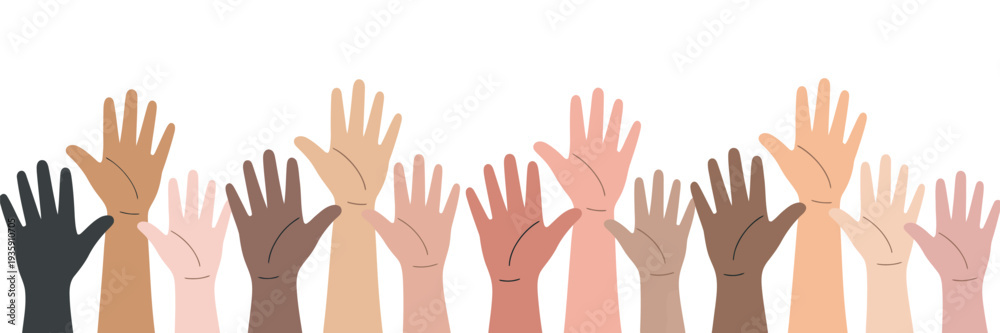 Obraz premium Raised Hands Silhouette Vector Collection, Multiple Hand Poses Depicting Unity, Solid Black Gesture Set