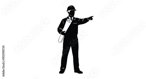 A black silhouette of a construction worker pointing forward holding blueprints representing planning and leadership silhouette high quality professional