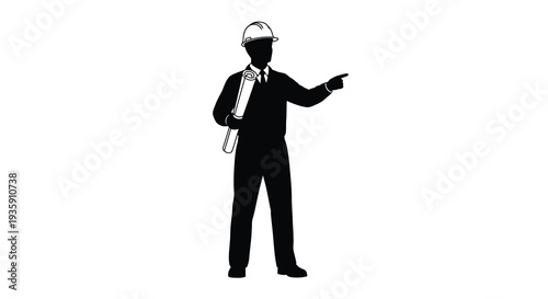A standing construction worker in a suit and hard hat points forward holding blueprints a striking silhouette high quality