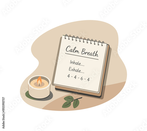 Calm calm breathing exercise concept with notebook and candle slightly angled for balance shown from above, arranged in the right