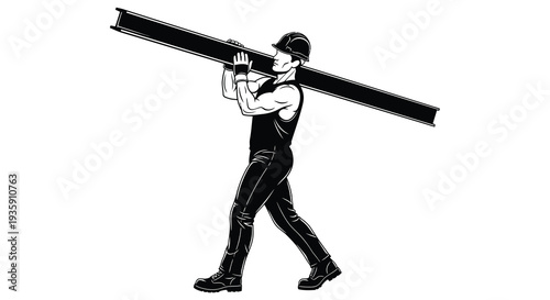 A muscular construction worker carries a heavy steel beam across his shoulders depicted in a striking silhouette high quality