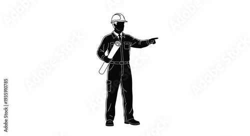 A stark black silhouette depicts a construction worker gesturing forward with a blueprint in hand showcasing professional expertise silhouette