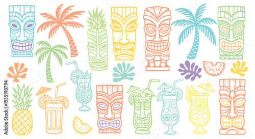 Colorful Tropical Tiki Icon Set with Palm Trees, Pineapple and Summer Cocktails – Retro Beach Vector Collection