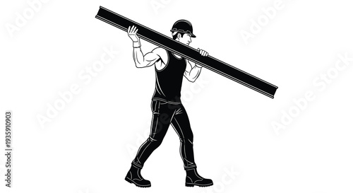 A muscular construction worker carrying a long metal pipe on his shoulder depicted in a striking silhouette high quality