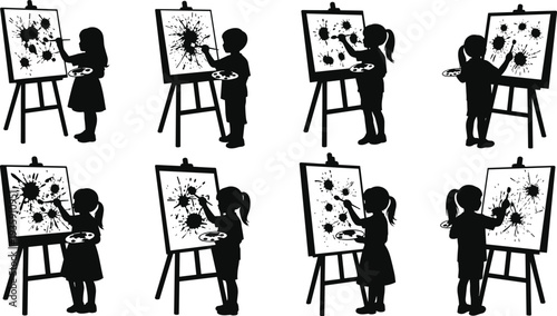 Cute children silhouette set painting creative splatter art on easels for early childhood education, school art class, and hobby vector.