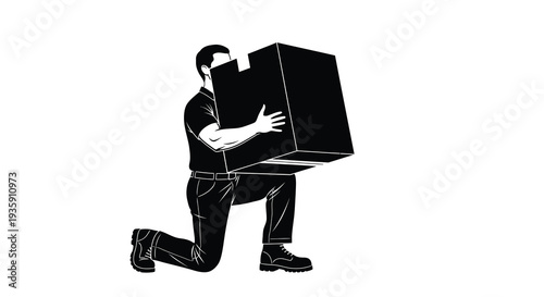 A man struggles to carry a large heavy cardboard box while kneeling depicted in a striking silhouette high quality