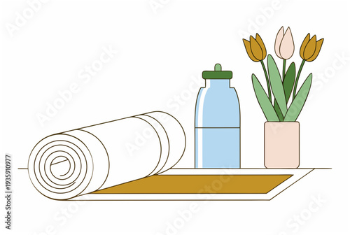 Rolled yoga mat, bottle of water, and tulips on a shelf. Wellness Easter concept for health, exercise, and spring decoration. Vector illustration