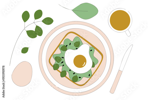 Flat illustration of avocado toast with fried egg, coffee, leaves, and egg. Wellness Easter breakfast or brunch concept. Vector illustration for greeting card, banner, poster, web