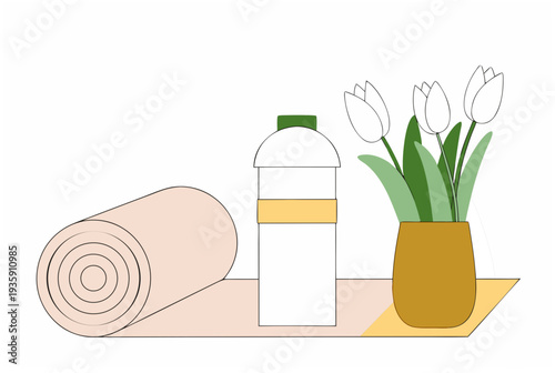 Rolled yoga mat, water bottle, and tulip flowers in vase for wellness exercises. Easter themed healthy lifestyle. Simple outline vector illustration