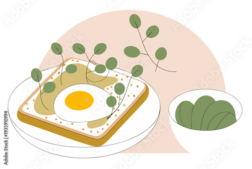 Healthy breakfast egg and toast with herbs and bowl of avocado on plate. Wellness and Easter food concept. Vector illustration.
