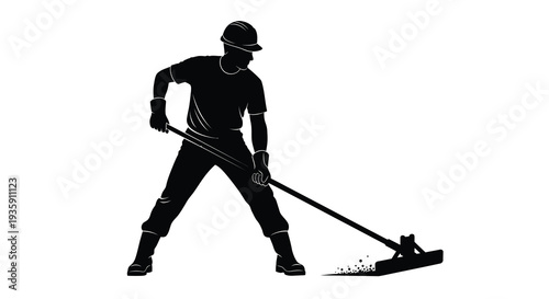 A black silhouette depicts a construction worker using a shovel to smooth gravel capturing a dynamic pose silhouette