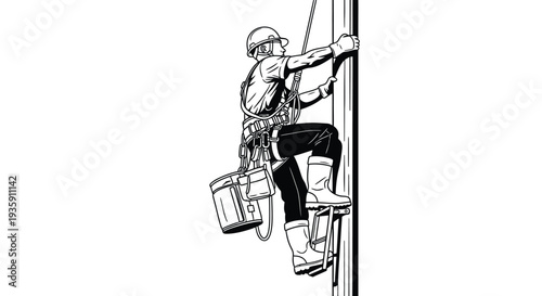 A linework illustration depicts a worker ascending a utility pole secured with safety gear in a striking silhouette