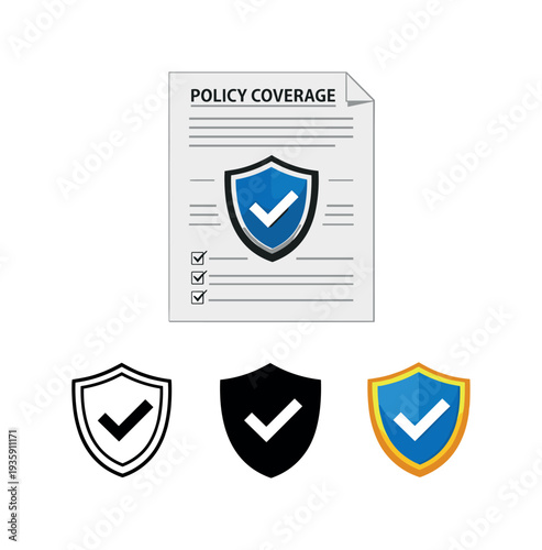 Contract Shield Icons. Policy coverage action depicted by an official contract sheet with folded corner and shield emblem centered