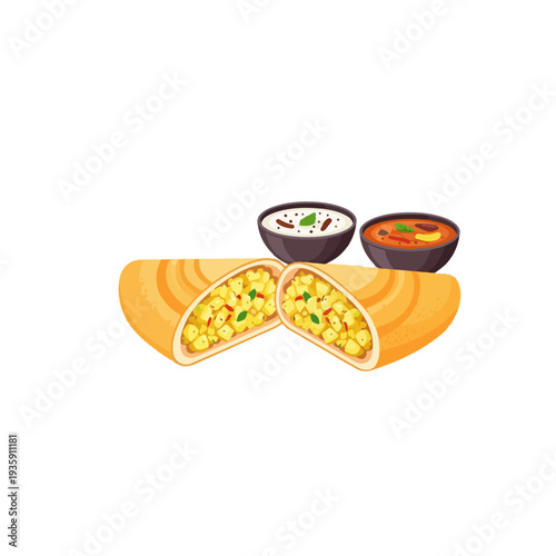 Masala Dosa Realistic Flat Vector South Indian Street Food