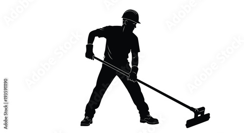 A striking black silhouette depicts a worker using a push broom demonstrating labor and cleanliness silhouette high quality professional
