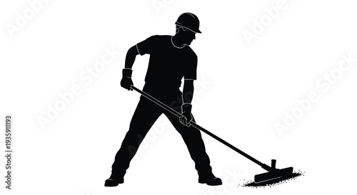 A striking black silhouette depicts a worker using a push broom illustrating manual labor and cleanliness silhouette high quality