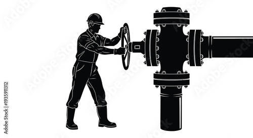 A worker operates a large industrial valve in a stark high contrast black and white illustration silhouette high quality professional