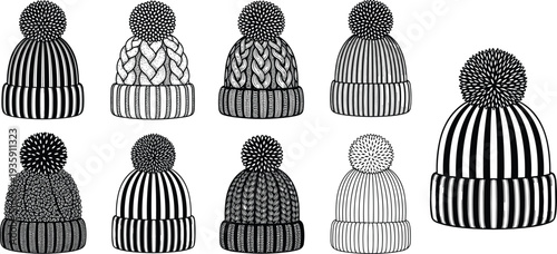Winter knitted beanie hats collection, pom pom wool cap designs set, cold weather fashion accessory vector illustration