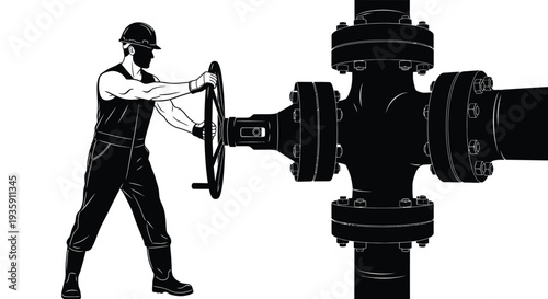 A worker in protective gear operates a large industrial valve against a stark white background presented as a silhouette