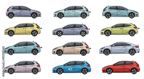 Collection of modern hatchback cars in various colors.