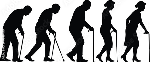 Senior elderly people walking with cane silhouettes set, old man and woman aging posture collection, retirement lifestyle and aging process concept isolated on white background.