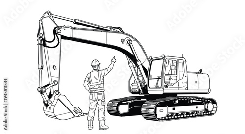 A detailed line drawing depicts an excavator and construction worker highlighting industrial machinery and a bold silhouette high quality